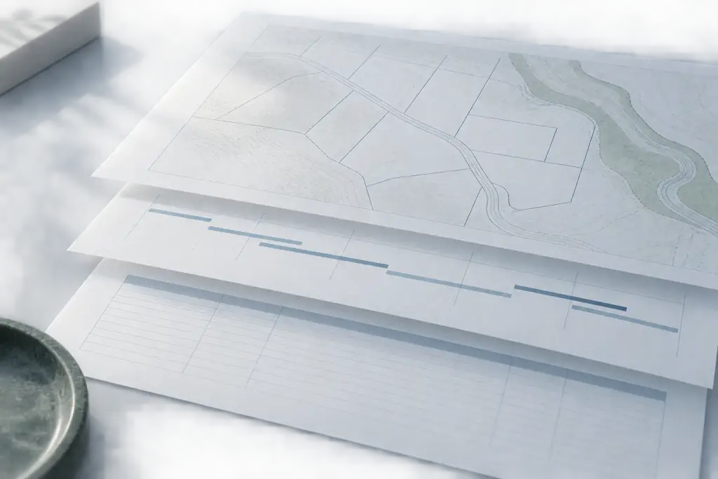 Layered site plan, project timeline, and records visual